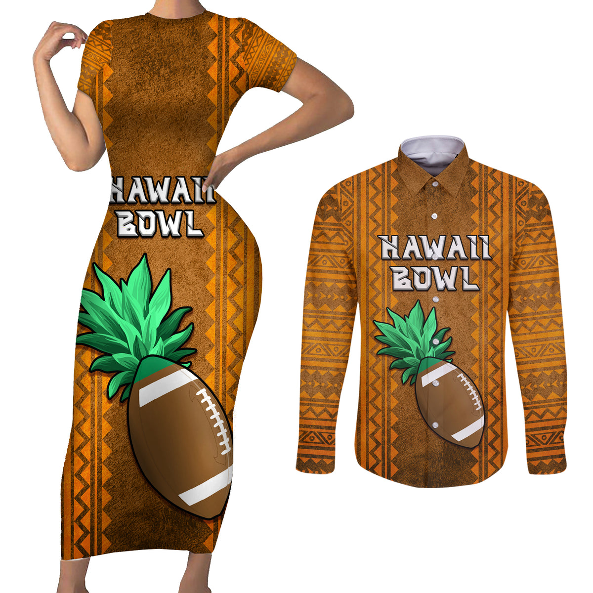 Custom Hawaii Honolulu Football Bowl Couples Matching Short Sleeve Bodycon Dress and Long Sleeve Button Shirt Simple Style LT05 Brown - Polynesian Pride