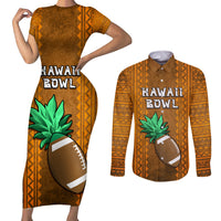 Custom Hawaii Honolulu Football Bowl Couples Matching Short Sleeve Bodycon Dress and Long Sleeve Button Shirt Simple Style LT05 Brown - Polynesian Pride