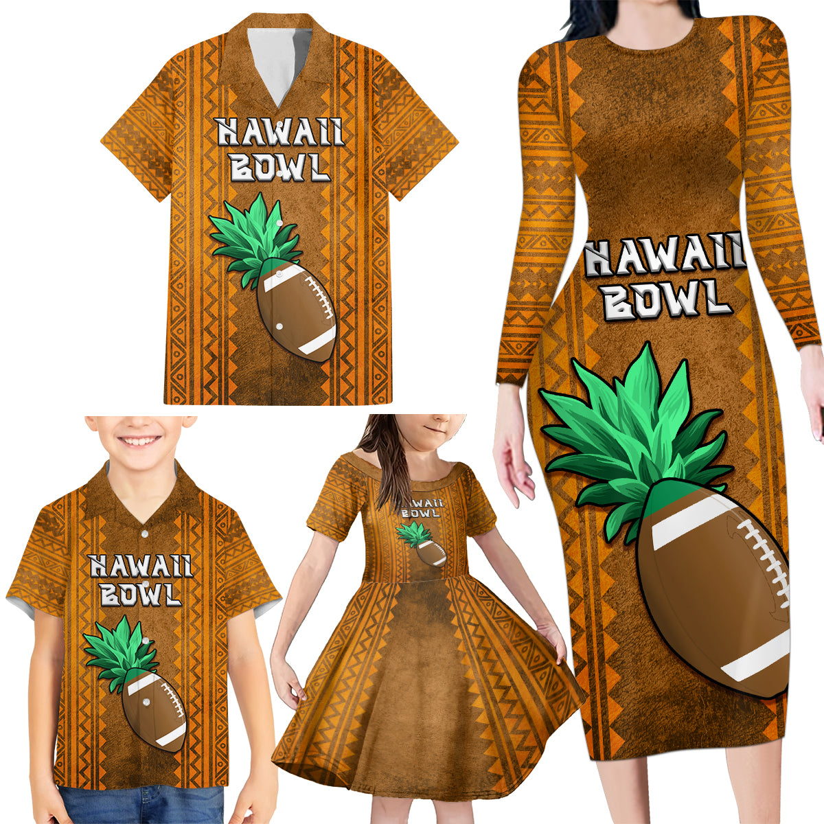 Custom Hawaii Honolulu Football Bowl Family Matching Long Sleeve Bodycon Dress and Hawaiian Shirt Simple Style LT05 - Polynesian Pride
