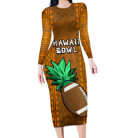 Custom Hawaii Honolulu Football Bowl Family Matching Long Sleeve Bodycon Dress and Hawaiian Shirt Simple Style LT05 Mom's Dress Brown - Polynesian Pride