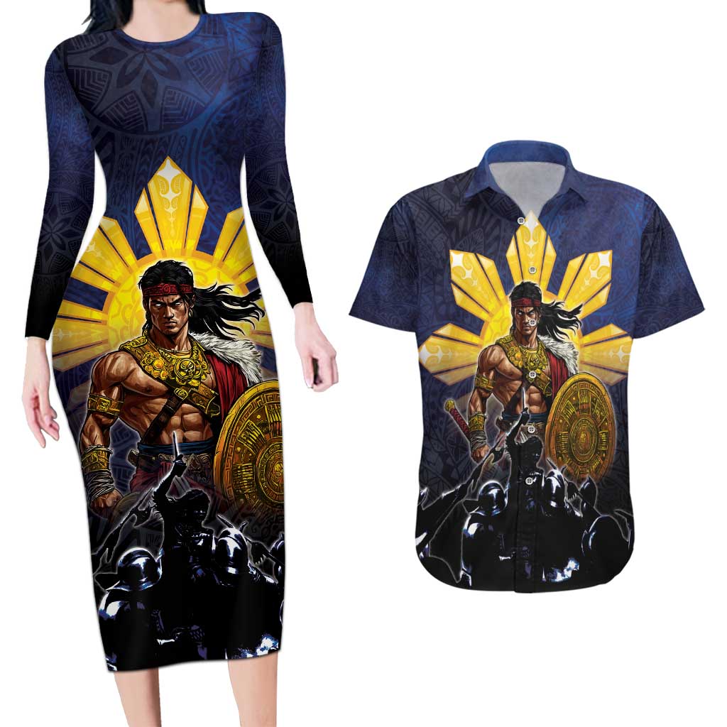 Philippines The First Hero Couples Matching Long Sleeve Bodycon Dress and Hawaiian Shirt Lapu Lapu Know Your Roots LT05 Navy - Polynesian Pride