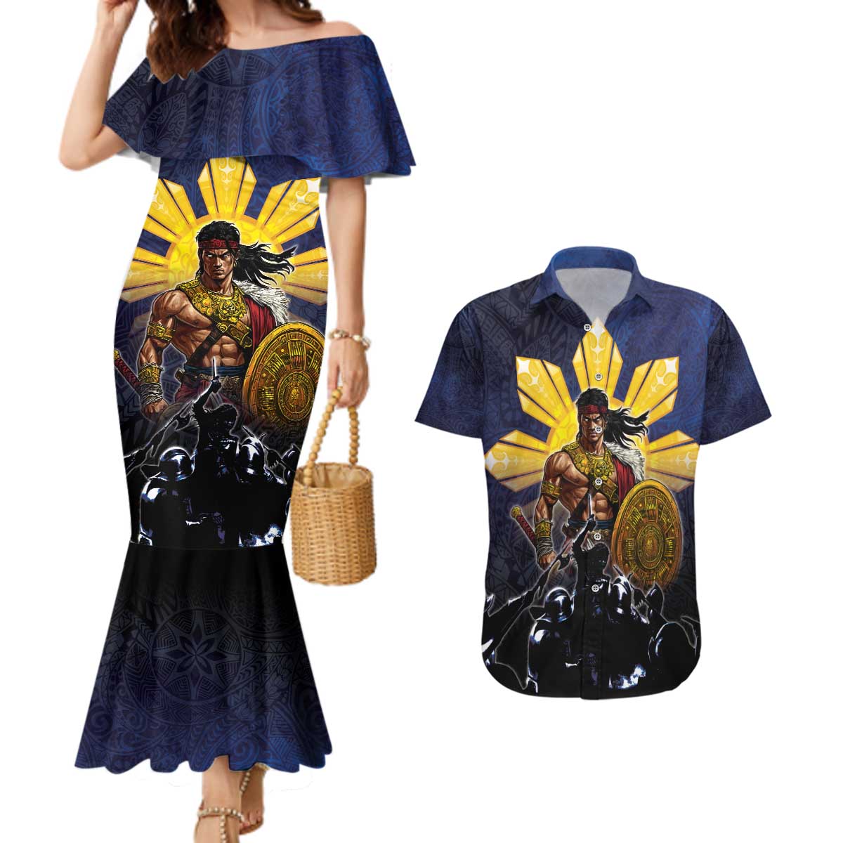 Philippines The First Hero Couples Matching Mermaid Dress and Hawaiian Shirt Lapu Lapu Know Your Roots LT05 Navy - Polynesian Pride