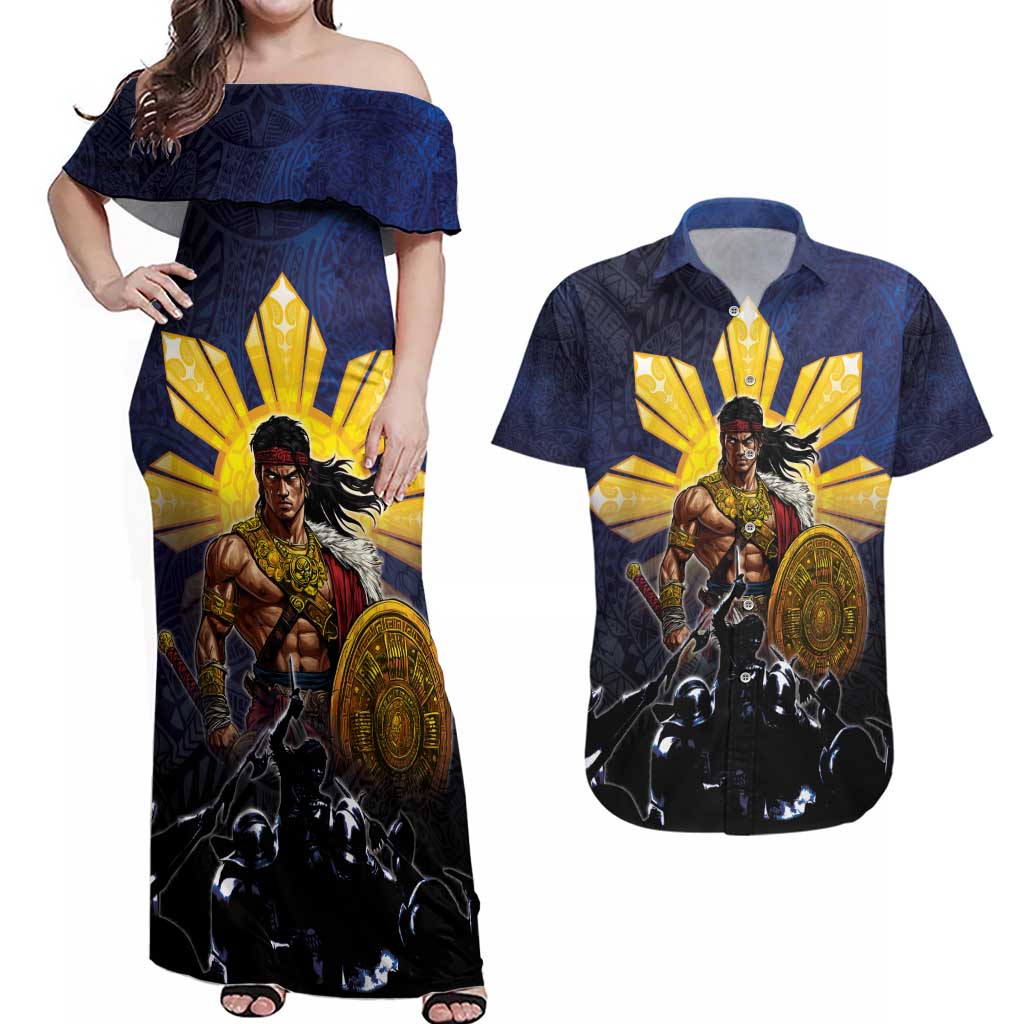 Philippines The First Hero Couples Matching Off Shoulder Maxi Dress and Hawaiian Shirt Lapu Lapu Know Your Roots LT05 Navy - Polynesian Pride