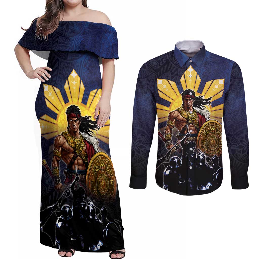 Philippines The First Hero Couples Matching Off Shoulder Maxi Dress and Long Sleeve Button Shirt Lapu Lapu Know Your Roots LT05 Navy - Polynesian Pride