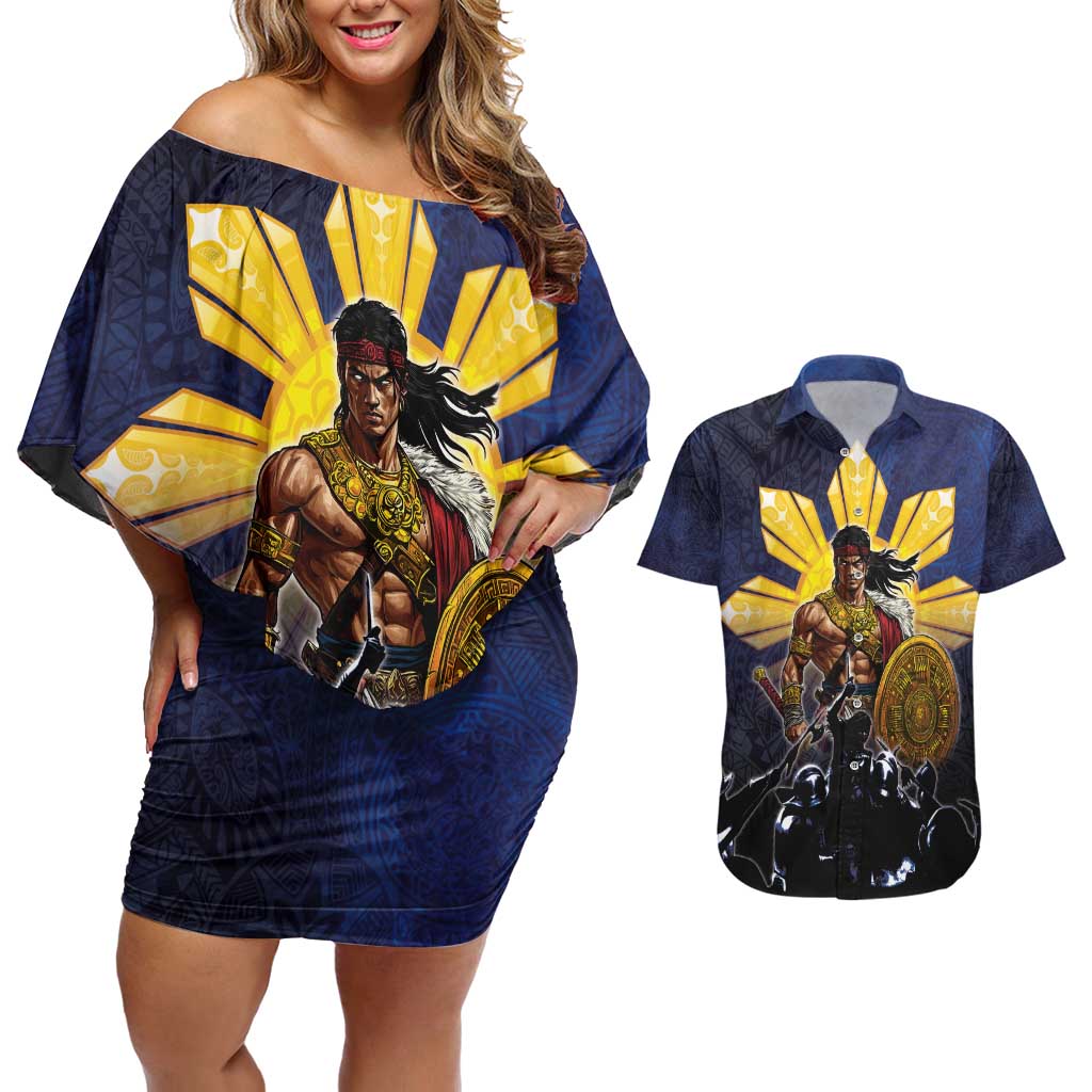 Philippines The First Hero Couples Matching Off Shoulder Short Dress and Hawaiian Shirt Lapu Lapu Know Your Roots LT05 Navy - Polynesian Pride