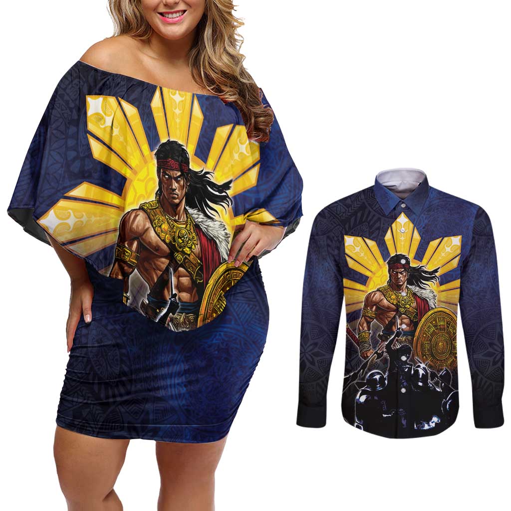 Philippines The First Hero Couples Matching Off Shoulder Short Dress and Long Sleeve Button Shirt Lapu Lapu Know Your Roots LT05 Navy - Polynesian Pride