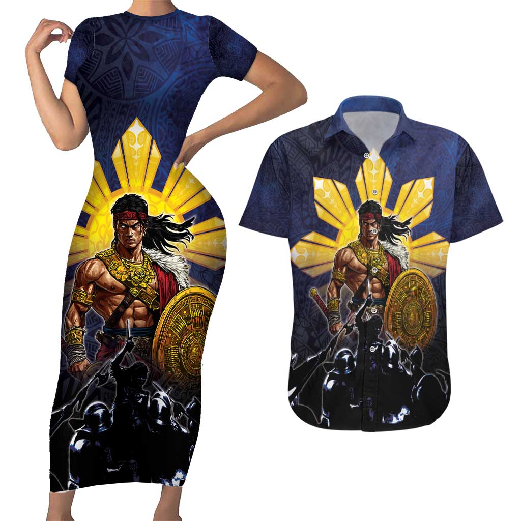 Philippines The First Hero Couples Matching Short Sleeve Bodycon Dress and Hawaiian Shirt Lapu Lapu Know Your Roots LT05 Navy - Polynesian Pride