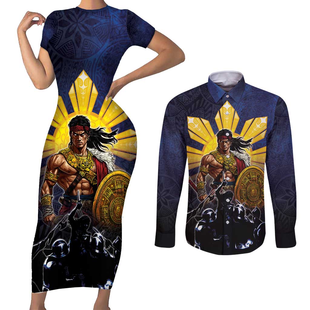 Philippines The First Hero Couples Matching Short Sleeve Bodycon Dress and Long Sleeve Button Shirt Lapu Lapu Know Your Roots LT05 Navy - Polynesian Pride