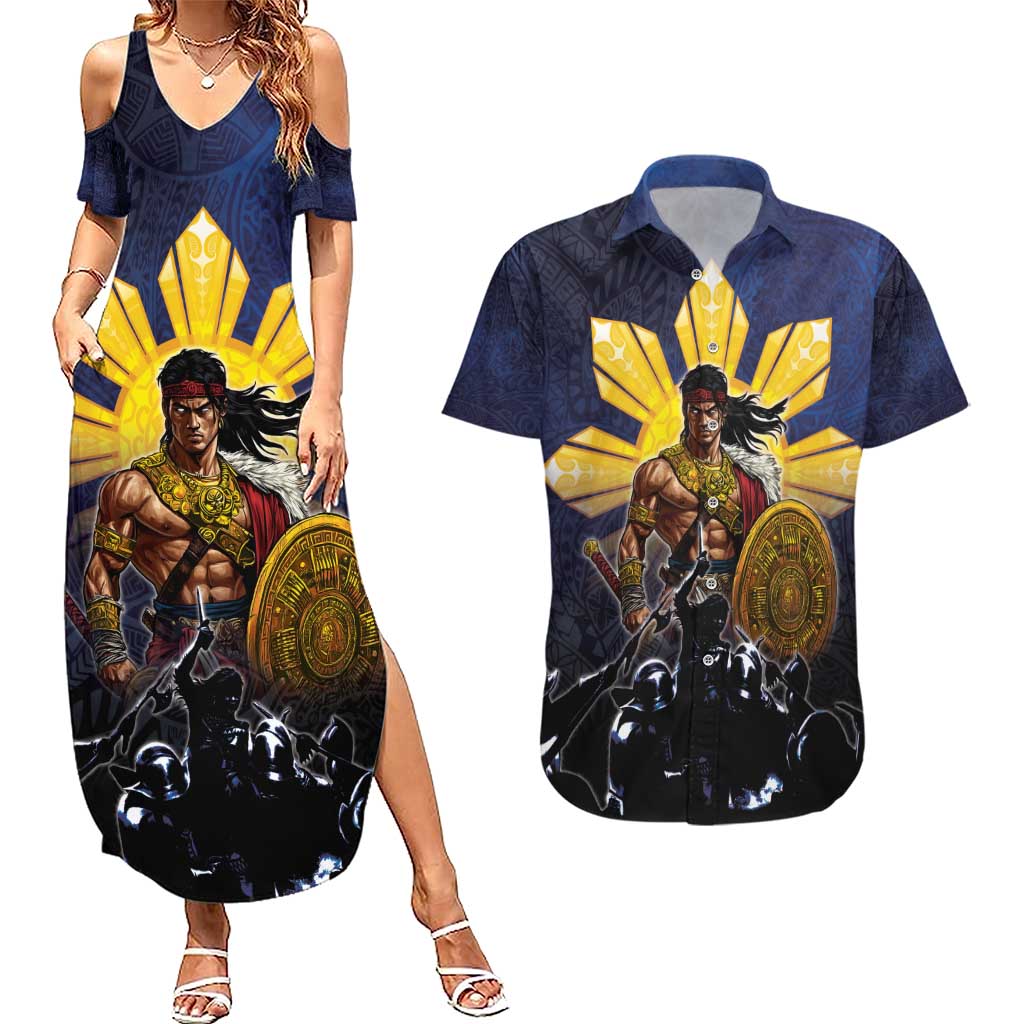 Philippines The First Hero Couples Matching Summer Maxi Dress and Hawaiian Shirt Lapu Lapu Know Your Roots LT05 Navy - Polynesian Pride
