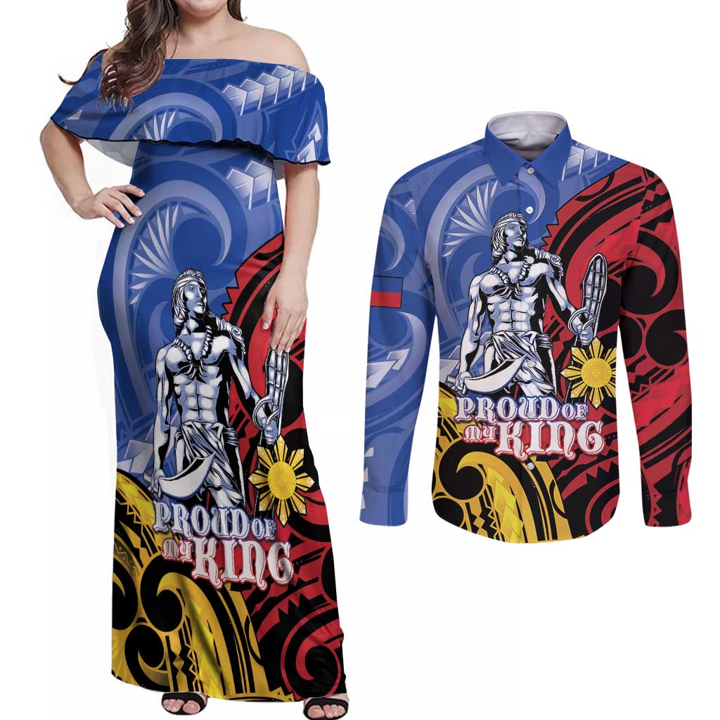 Philippines Lapu-Lapu Couples Matching Off Shoulder Maxi Dress and Long Sleeve Button Shirt Proud Of My King LT05 Blue - Polynesian Pride