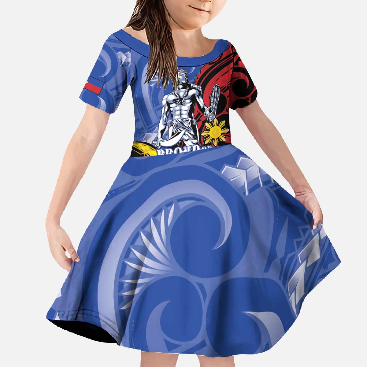 Philippines Lapu-Lapu Family Matching Off The Shoulder Long Sleeve Dress and Hawaiian Shirt Proud Of My King LT05 Daughter's Dress Blue - Polynesian Pride