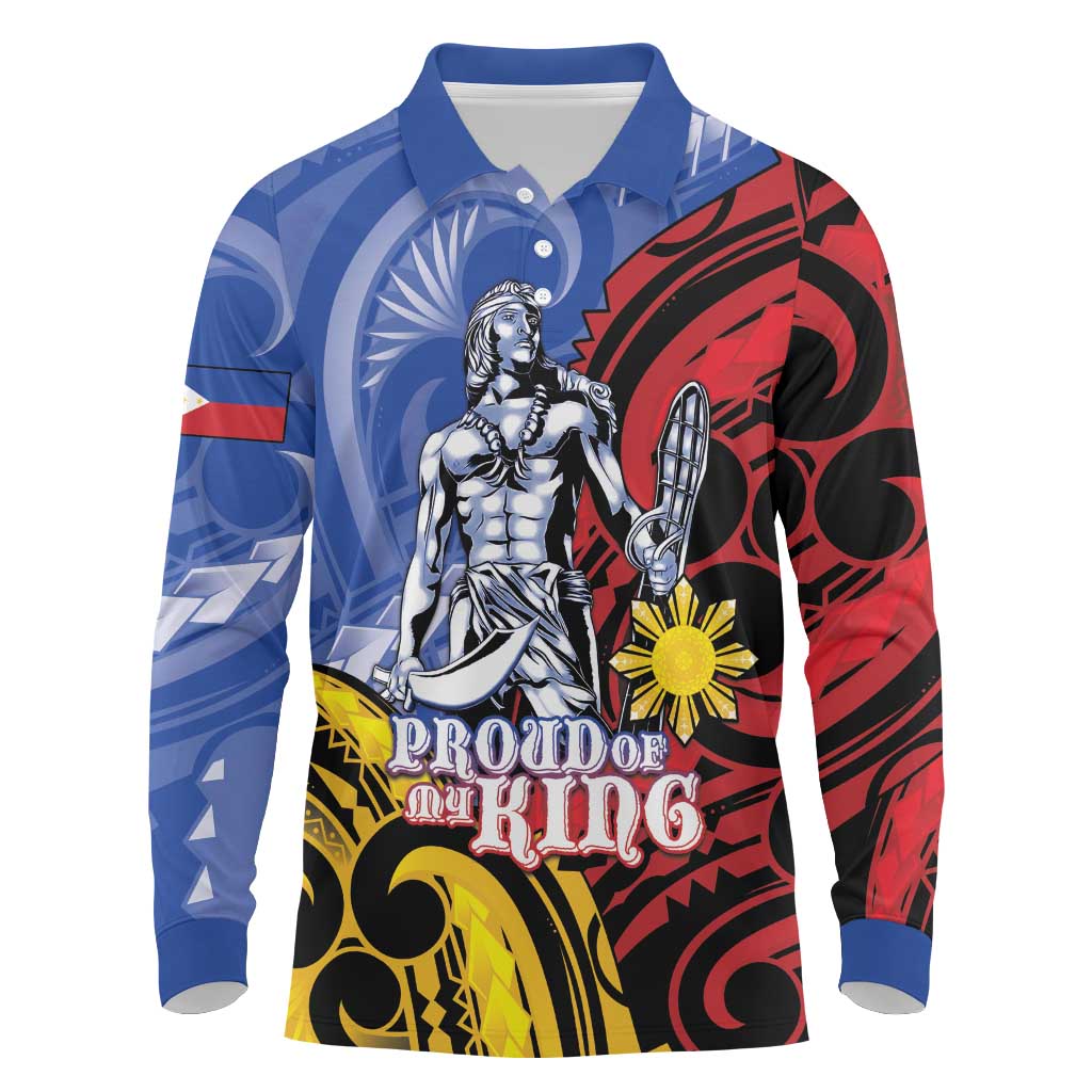 Philippines Lapu-Lapu Long Sleeve Polo Shirt Proud Of My King LT05 Blue - Polynesian Pride