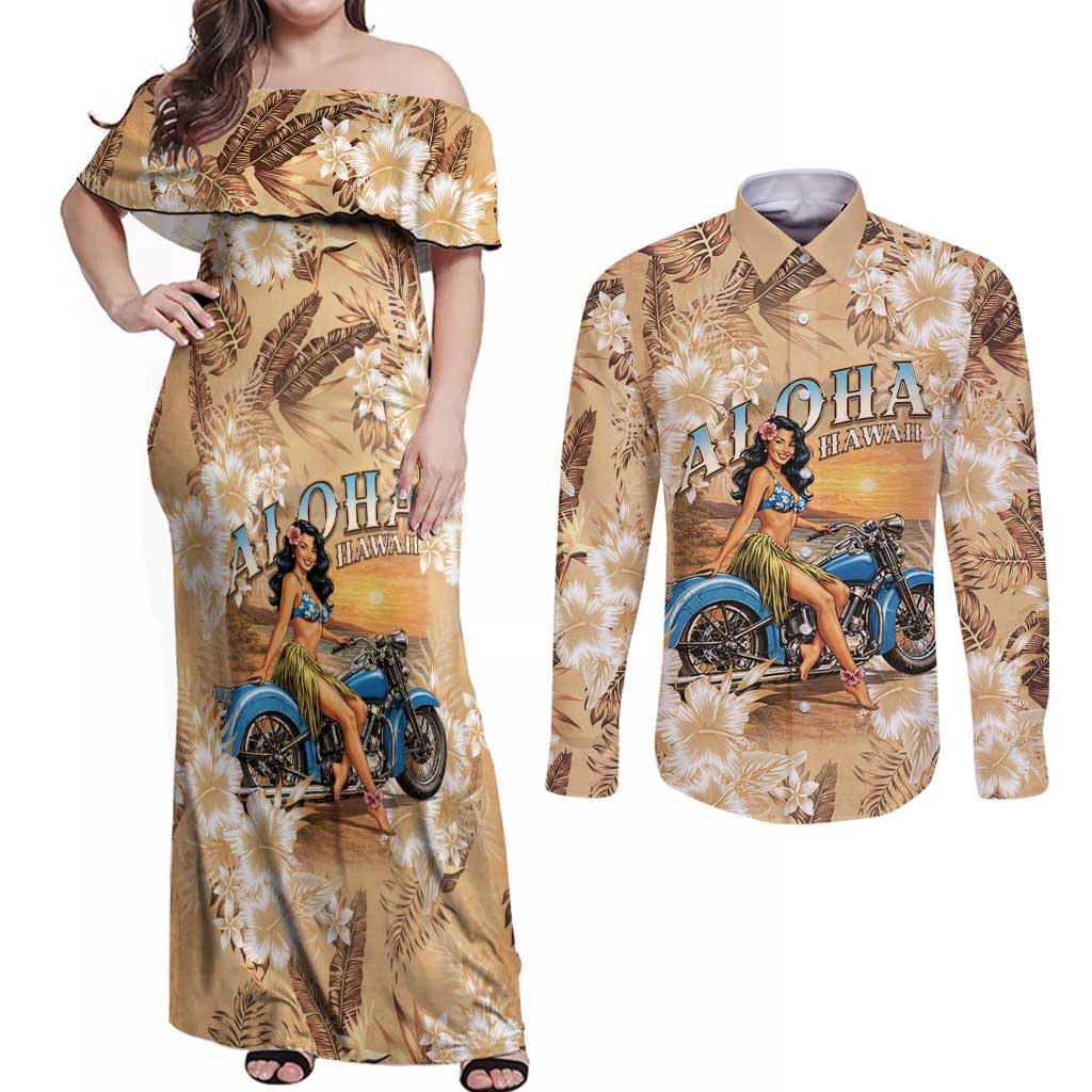 Aloha Hawaii Biker Couples Matching Off Shoulder Maxi Dress and Long Sleeve Button Shirt Ride To Paradise LT05 Beige - Polynesian Pride
