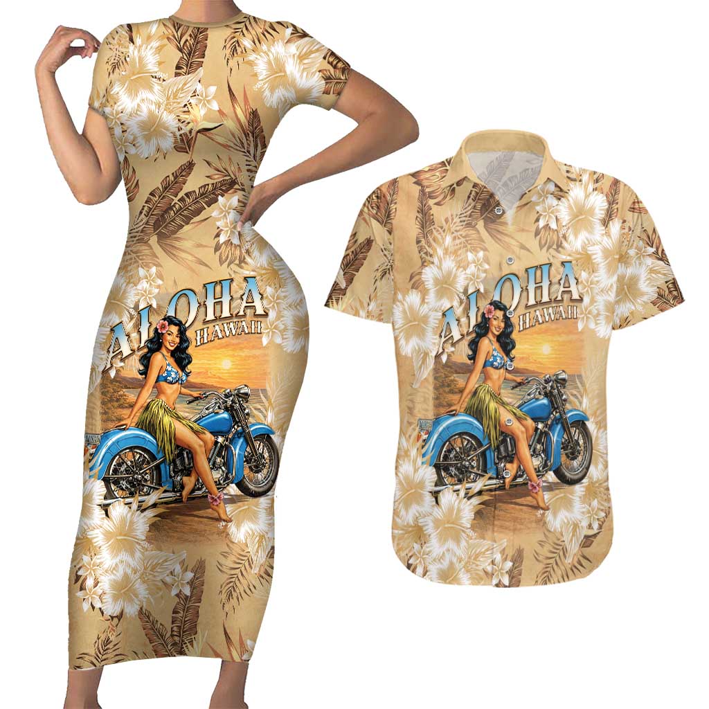 Aloha Hawaii Biker Couples Matching Short Sleeve Bodycon Dress and Hawaiian Shirt Ride To Paradise