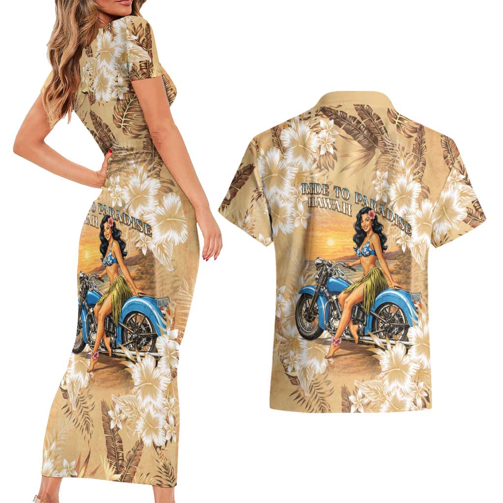 Aloha Hawaii Biker Couples Matching Short Sleeve Bodycon Dress and Hawaiian Shirt Ride To Paradise