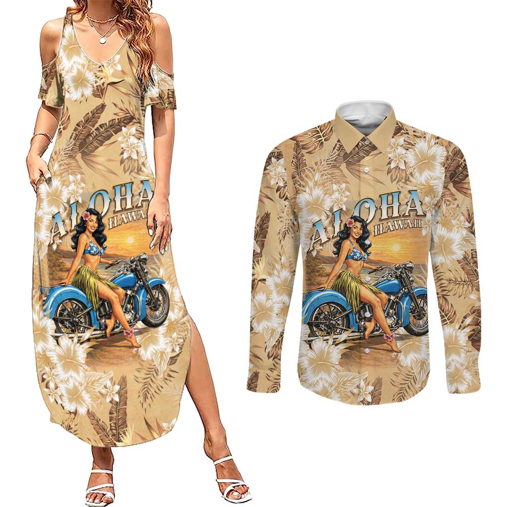 Aloha Hawaii Biker Couples Matching Summer Maxi Dress and Long Sleeve Button Shirt Ride To Paradise LT05 Beige - Polynesian Pride