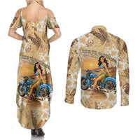 Aloha Hawaii Biker Couples Matching Summer Maxi Dress and Long Sleeve Button Shirt Ride To Paradise LT05 - Polynesian Pride