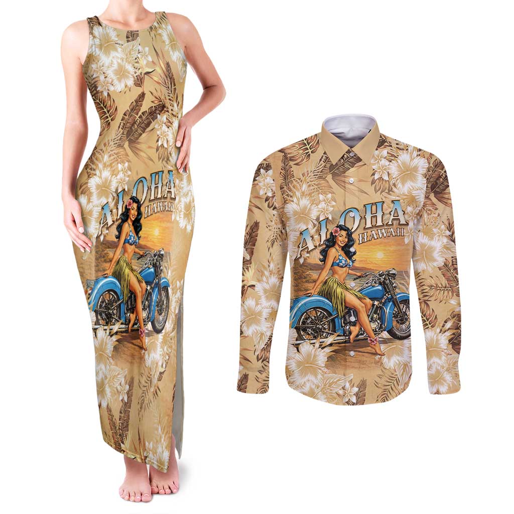 Aloha Hawaii Biker Couples Matching Tank Maxi Dress and Long Sleeve Button Shirt Ride To Paradise LT05 Beige - Polynesian Pride