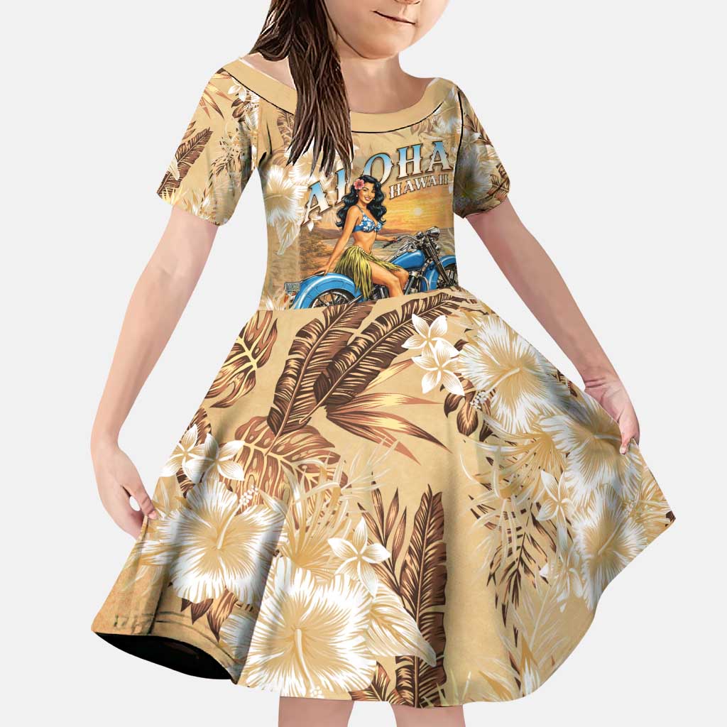 Aloha Hawaii Biker Family Matching Long Sleeve Bodycon Dress and Hawaiian Shirt Ride To Paradise LT05 Daughter's Dress Beige - Polynesian Pride