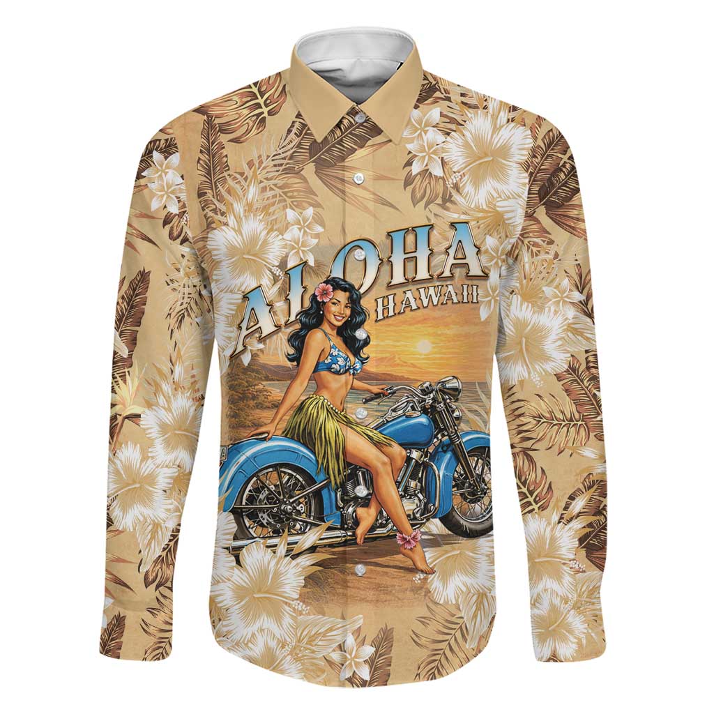 Aloha Hawaii Biker Family Matching Off The Shoulder Long Sleeve Dress and Hawaiian Shirt Ride To Paradise LT05 Dad's Shirt - Long Sleeve Beige - Polynesian Pride