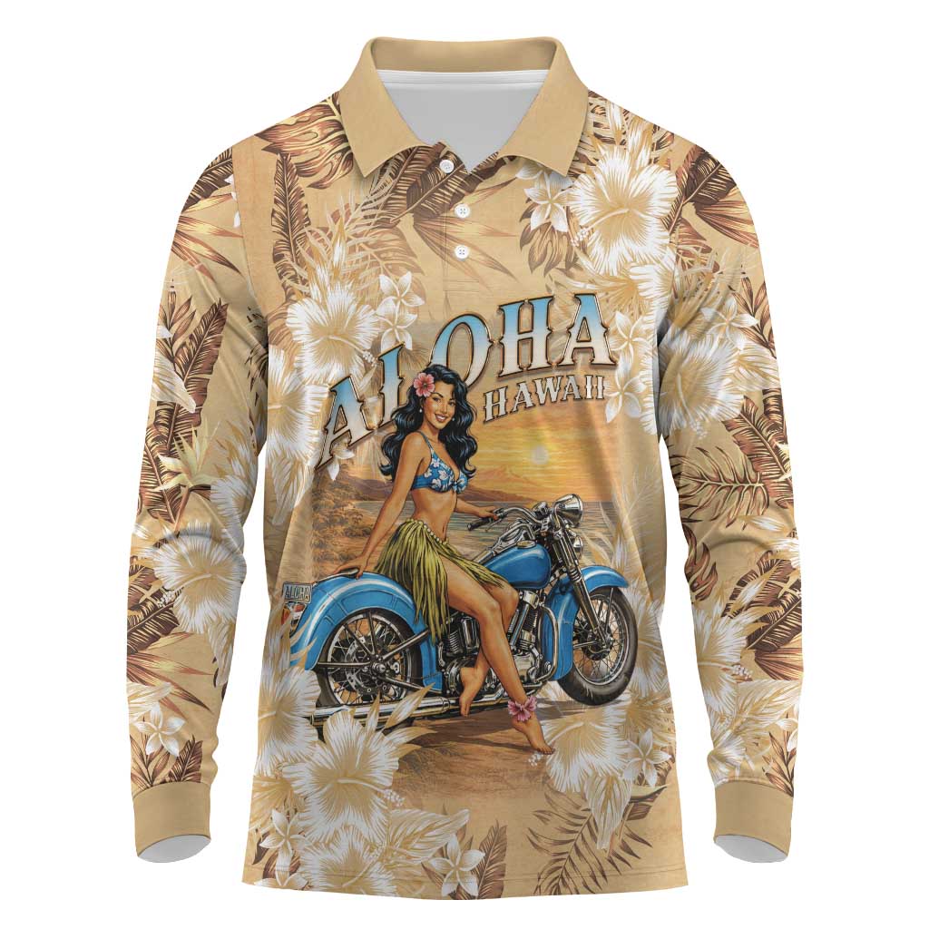 Aloha Hawaii Biker Long Sleeve Polo Shirt Ride To Paradise LT05 Beige - Polynesian Pride