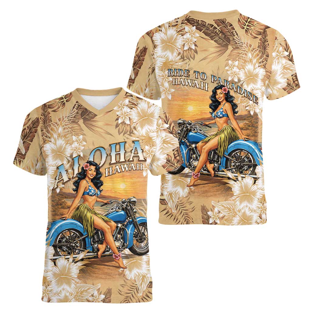 Aloha Hawaii Biker Women V-Neck T-Shirt Ride To Paradise