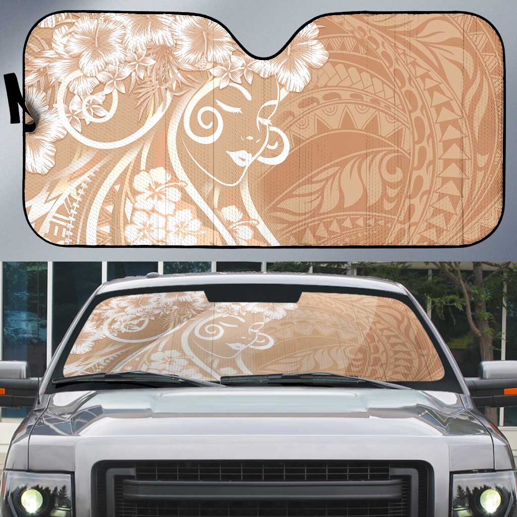 Polynesian Women's Day Auto Sun Shade Brown Hibiscus Flowers With Polynesian Pattern