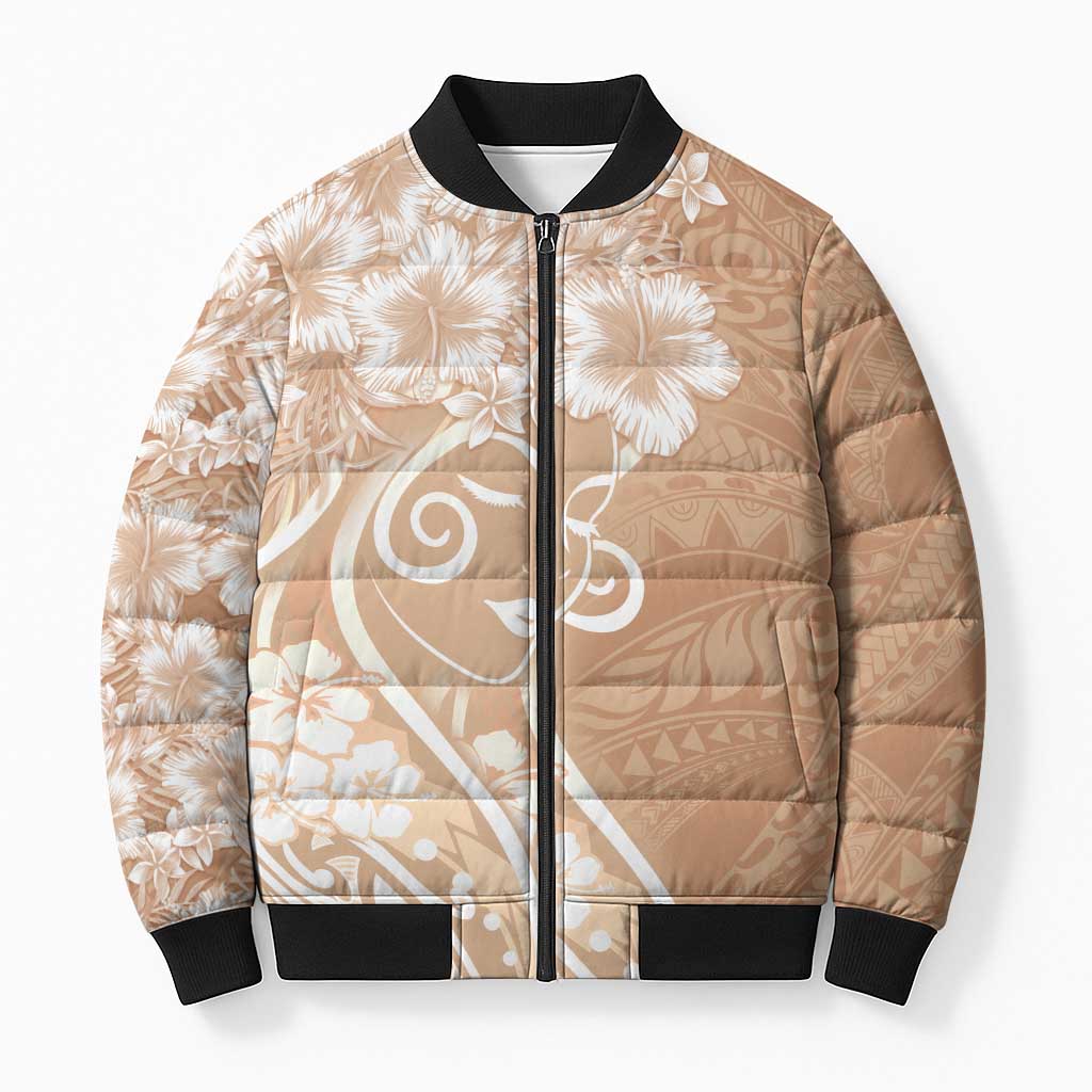Polynesian Women's Day Bomber Puffer Jacket Brown Hibiscus Flowers With Polynesian Pattern LT05 Unisex Brown - Polynesian Pride