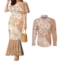 Polynesian Women's Day Couples Matching Mermaid Dress and Long Sleeve Button Shirt Brown Hibiscus Flowers With Polynesian Pattern