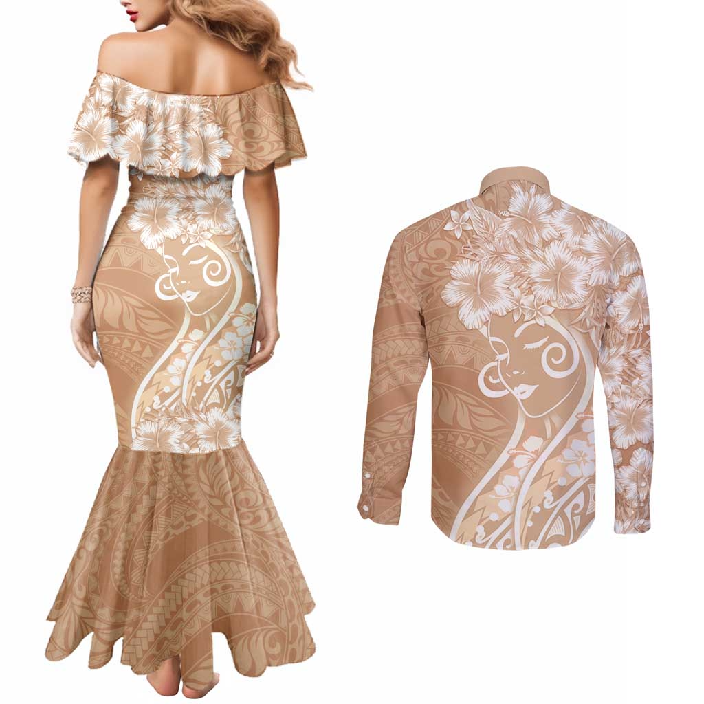 Polynesian Women's Day Couples Matching Mermaid Dress and Long Sleeve Button Shirt Brown Hibiscus Flowers With Polynesian Pattern