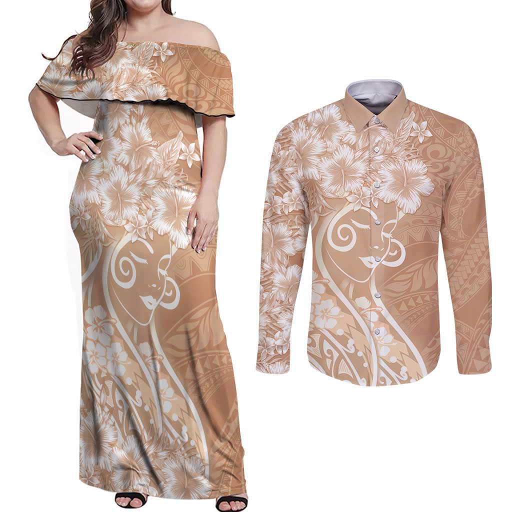 Polynesian Women's Day Couples Matching Off Shoulder Maxi Dress and Long Sleeve Button Shirt Brown Hibiscus Flowers With Polynesian Pattern LT05 Brown - Polynesian Pride