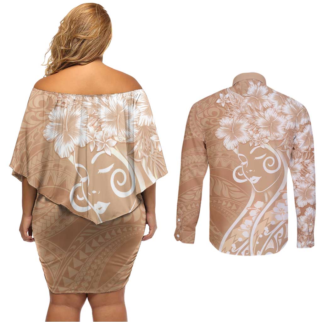 Polynesian Women's Day Couples Matching Off Shoulder Short Dress and Long Sleeve Button Shirt Brown Hibiscus Flowers With Polynesian Pattern LT05 - Polynesian Pride