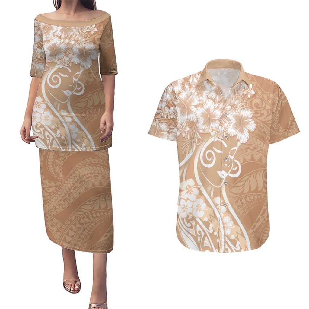 Polynesian Women's Day Couples Matching Puletasi and Hawaiian Shirt Brown Hibiscus Flowers With Polynesian Pattern LT05 Brown - Polynesian Pride