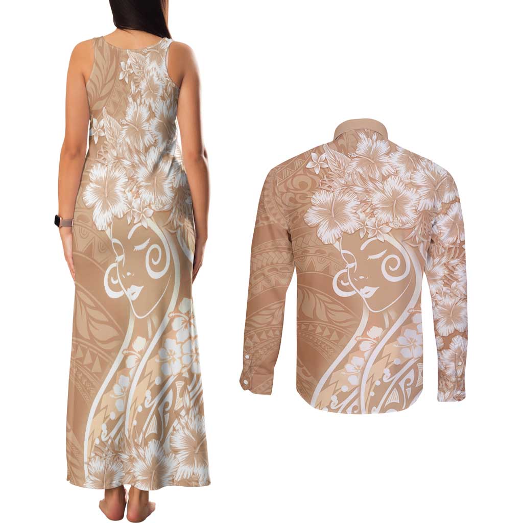 Polynesian Women's Day Couples Matching Tank Maxi Dress and Long Sleeve Button Shirt Brown Hibiscus Flowers With Polynesian Pattern LT05 - Polynesian Pride