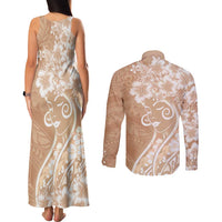 Polynesian Women's Day Couples Matching Tank Maxi Dress and Long Sleeve Button Shirt Brown Hibiscus Flowers With Polynesian Pattern LT05 - Polynesian Pride