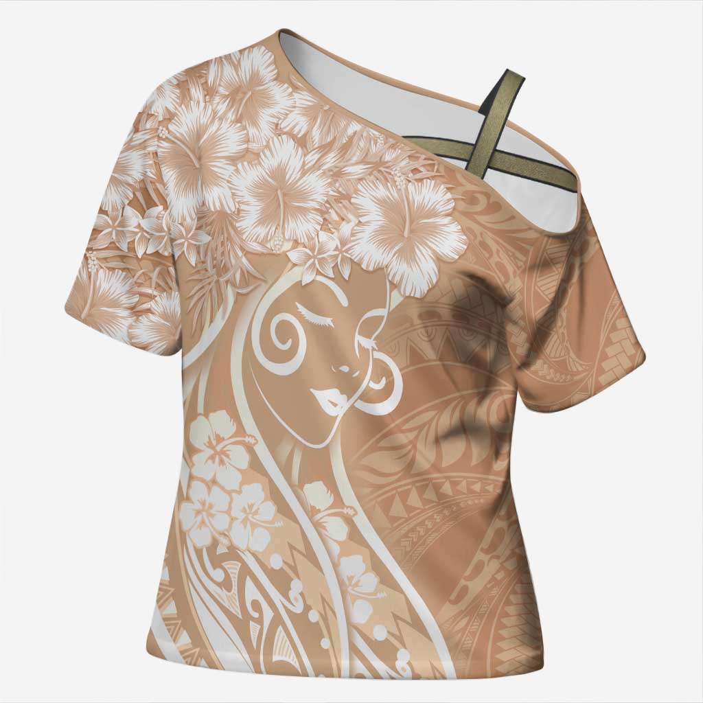 Polynesian Women's Day Cross Shoulder Shirt Brown Hibiscus Flowers With Polynesian Pattern