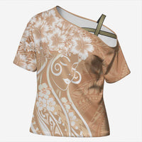 Polynesian Women's Day Cross Shoulder Shirt Brown Hibiscus Flowers With Polynesian Pattern