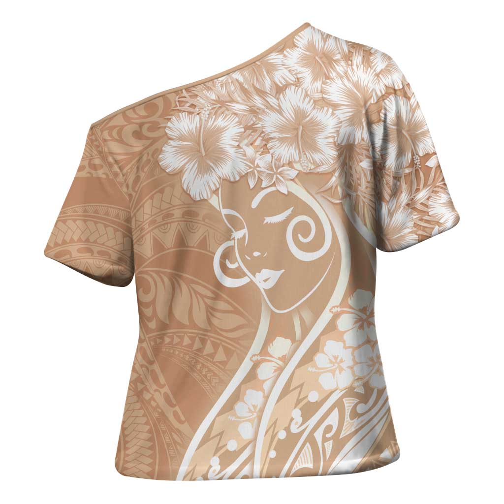 Polynesian Women's Day Cross Shoulder Shirt Brown Hibiscus Flowers With Polynesian Pattern