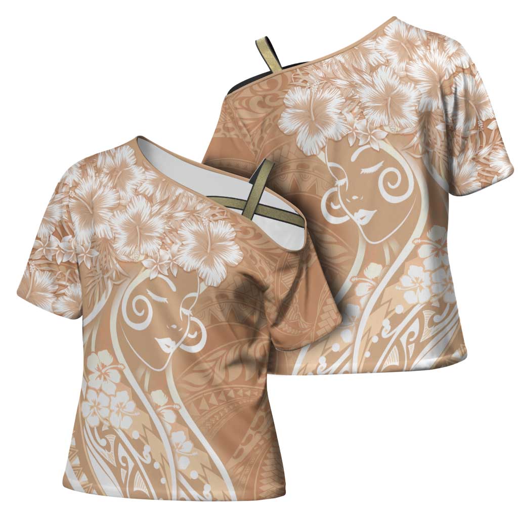 Polynesian Women's Day Cross Shoulder Shirt Brown Hibiscus Flowers With Polynesian Pattern