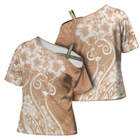 Polynesian Women's Day Cross Shoulder Shirt Brown Hibiscus Flowers With Polynesian Pattern