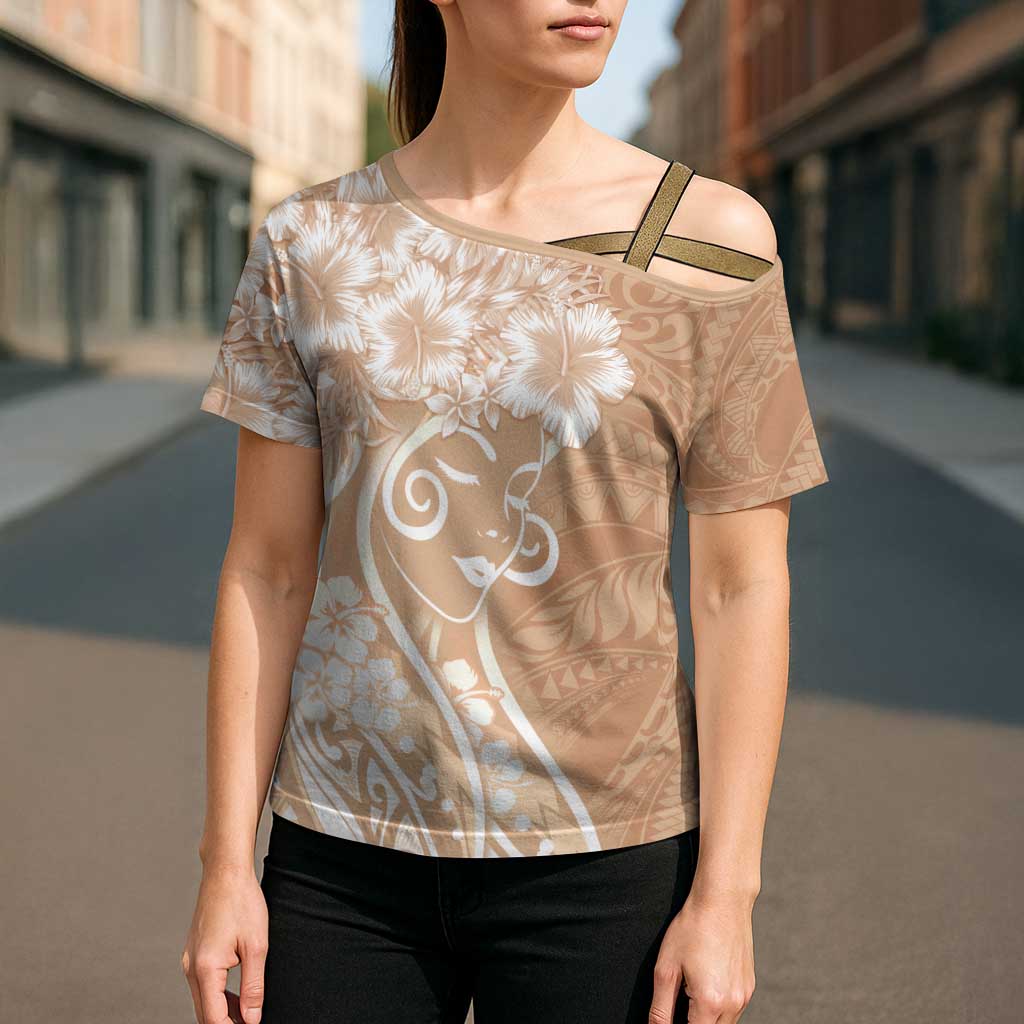 Polynesian Women's Day Cross Shoulder Shirt Brown Hibiscus Flowers With Polynesian Pattern