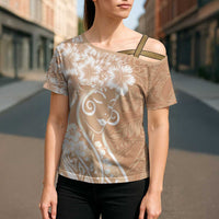 Polynesian Women's Day Cross Shoulder Shirt Brown Hibiscus Flowers With Polynesian Pattern