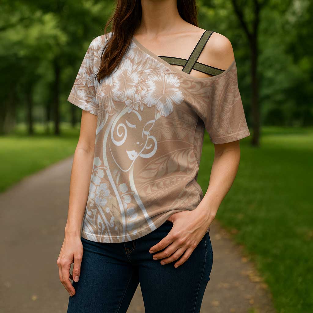 Polynesian Women's Day Cross Shoulder Shirt Brown Hibiscus Flowers With Polynesian Pattern