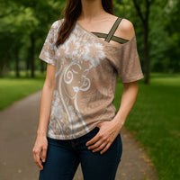 Polynesian Women's Day Cross Shoulder Shirt Brown Hibiscus Flowers With Polynesian Pattern