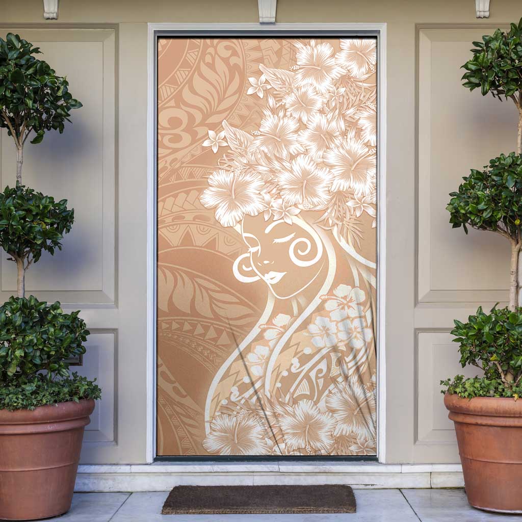 Polynesian Women's Day Door Cover Brown Hibiscus Flowers With Polynesian Pattern
