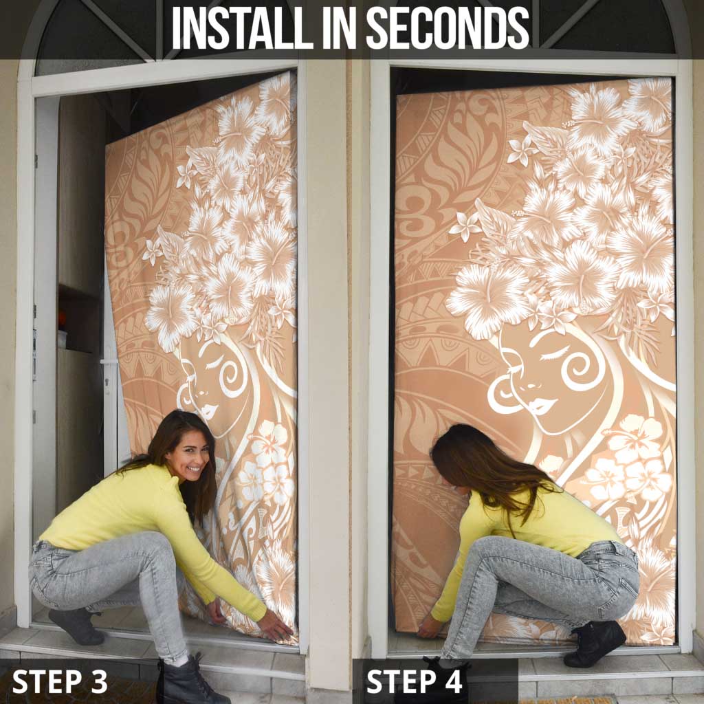 Polynesian Women's Day Door Cover Brown Hibiscus Flowers With Polynesian Pattern