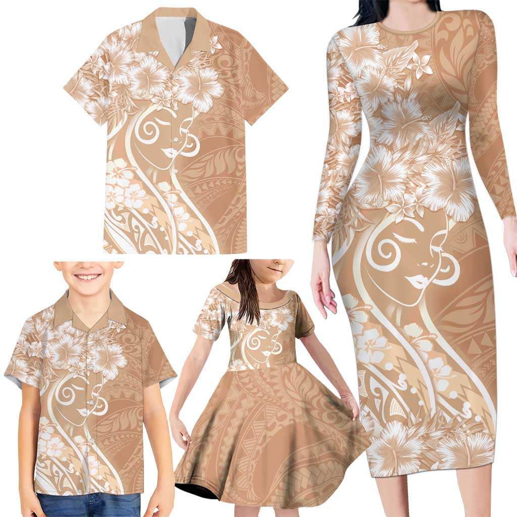 Polynesian Women's Day Family Matching Long Sleeve Bodycon Dress and Hawaiian Shirt Brown Hibiscus Flowers With Polynesian Pattern