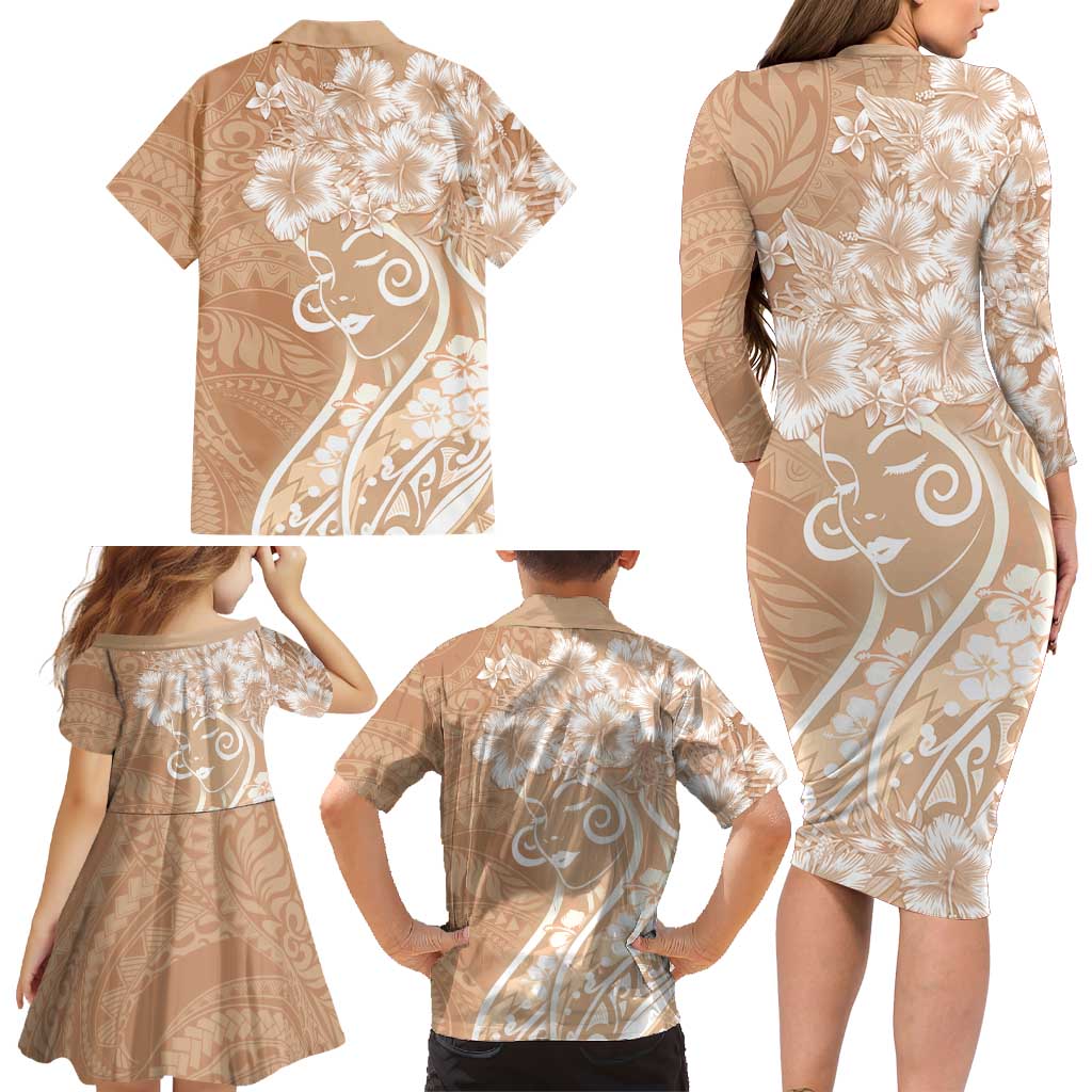 Polynesian Women's Day Family Matching Long Sleeve Bodycon Dress and Hawaiian Shirt Brown Hibiscus Flowers With Polynesian Pattern