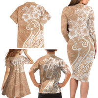 Polynesian Women's Day Family Matching Long Sleeve Bodycon Dress and Hawaiian Shirt Brown Hibiscus Flowers With Polynesian Pattern