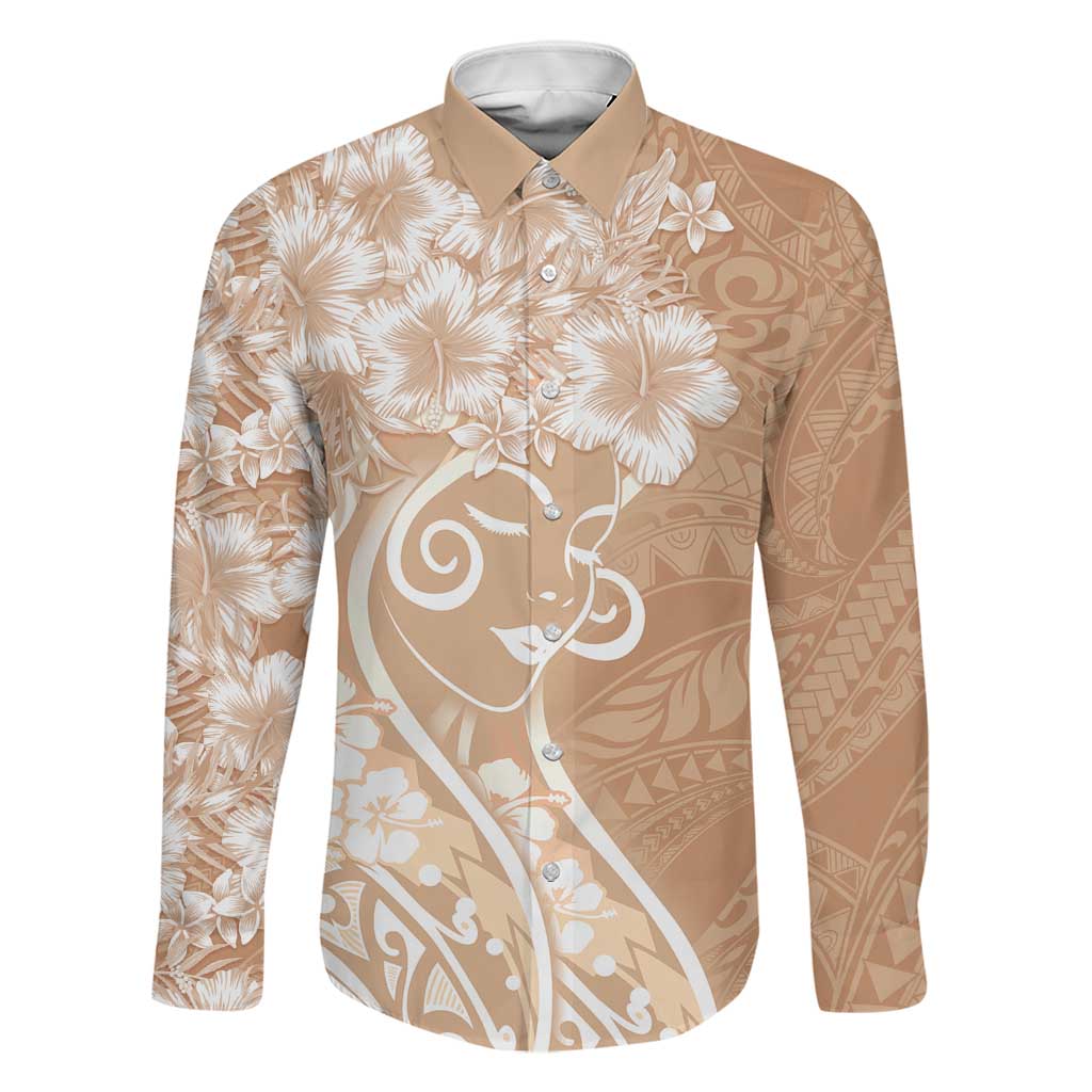 Polynesian Women's Day Family Matching Long Sleeve Bodycon Dress and Hawaiian Shirt Brown Hibiscus Flowers With Polynesian Pattern